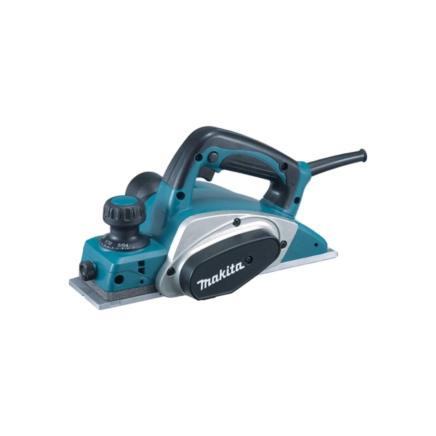 Cepillo eléctrico Makita profesional turquesa para madera, con ajuste de profundidad y mango ergonómico.
