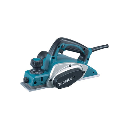 Cepillo eléctrico Makita profesional turquesa para madera, con ajuste de profundidad y mango ergonómico.