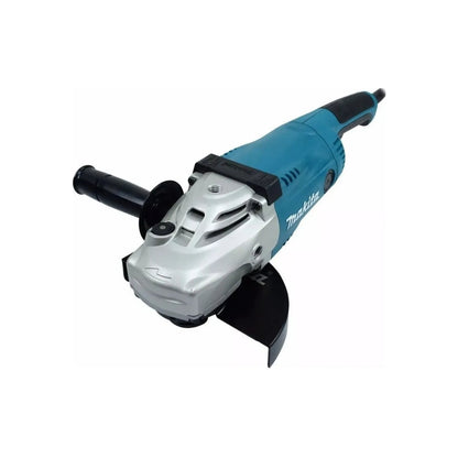 Esmeriladora angular Makita profesional azul y plata con mango lateral y guarda de seguridad para desbaste y corte.