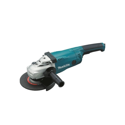 Esmeriladora angular profesional Makita 7 pulgadas azul-verdoso y plateada, con disco y mango lateral.