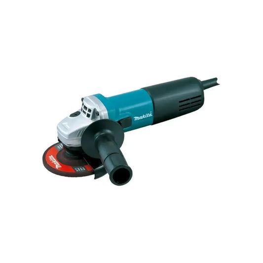 Esmeril angular Makita de 4.5 pulgadas color azul con disco de desbaste y empuñadura lateral ergonómica