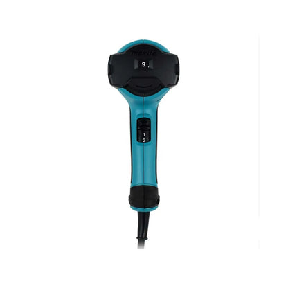 Pistola de calor Makita con control de temperatura digital y selector de dos velocidades, cuerpo ergonómico color turquesa