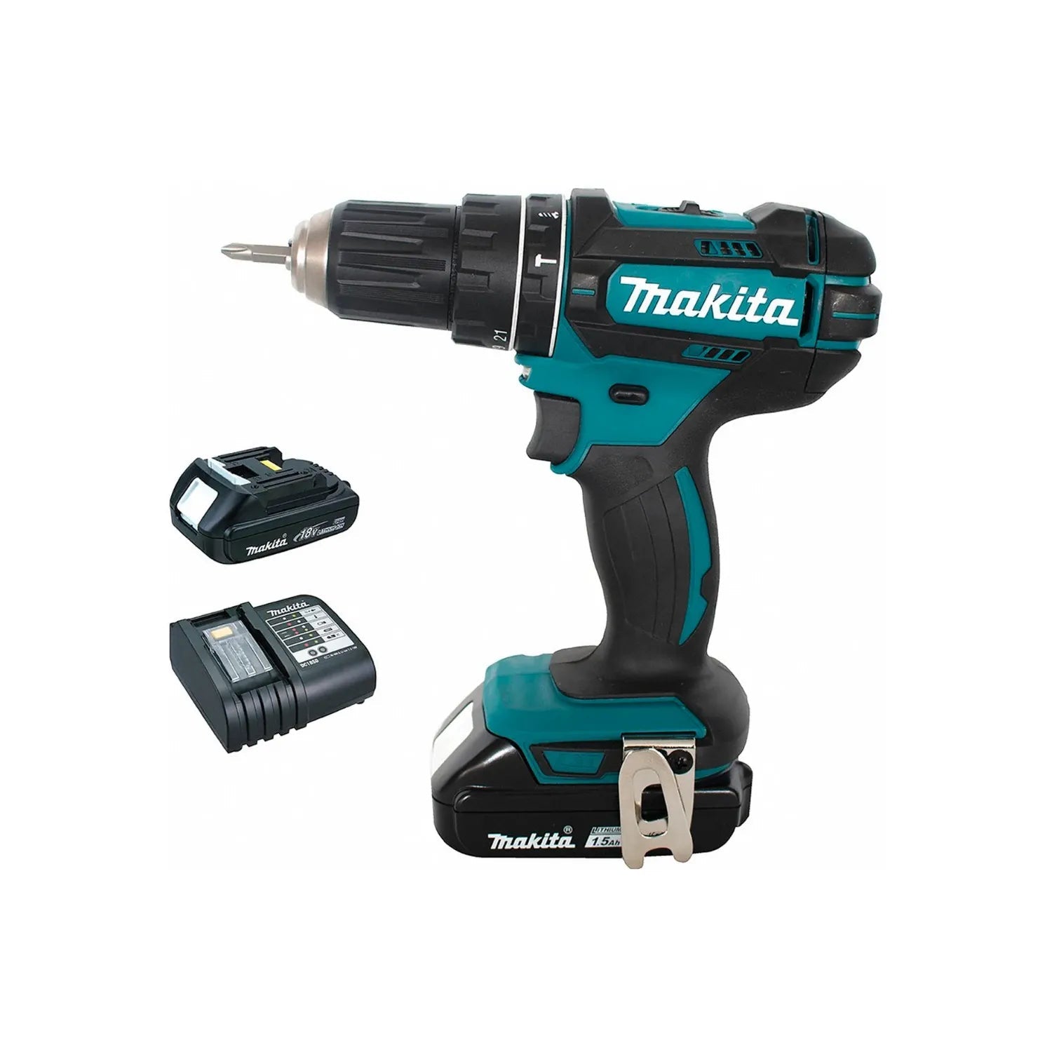 Taladro atornillador inalámbrico Makita 18V negro/turquesa con batería de 1.5Ah y cargador rápido