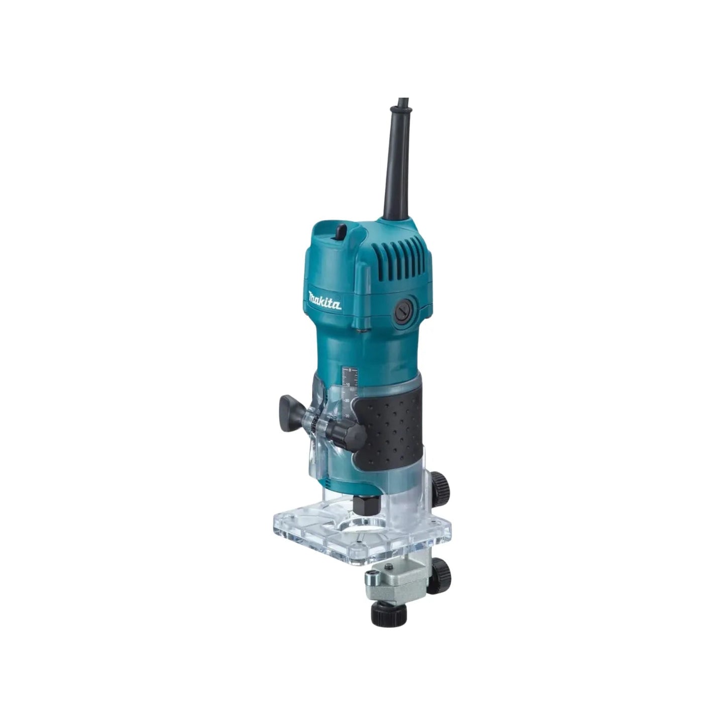 Router Makita 1/4" compacto, color azul turquesa, con base transparente para fresado de madera