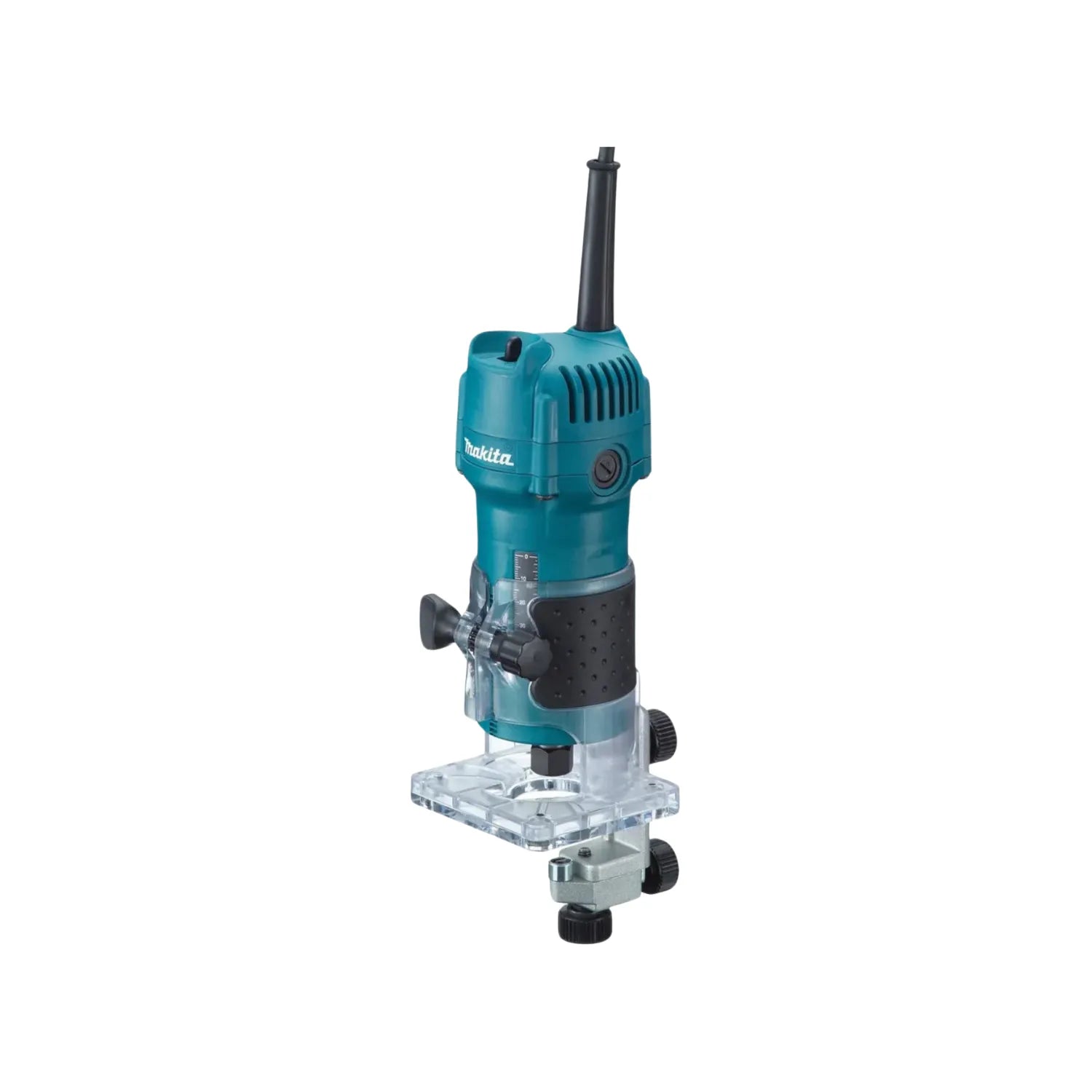 Router Makita 1/4" compacto, color azul turquesa, con base transparente para fresado de madera