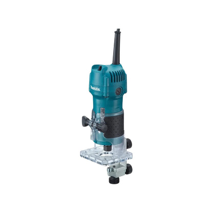 Router Makita 1/4" compacto, color azul turquesa, con base transparente para fresado de madera
