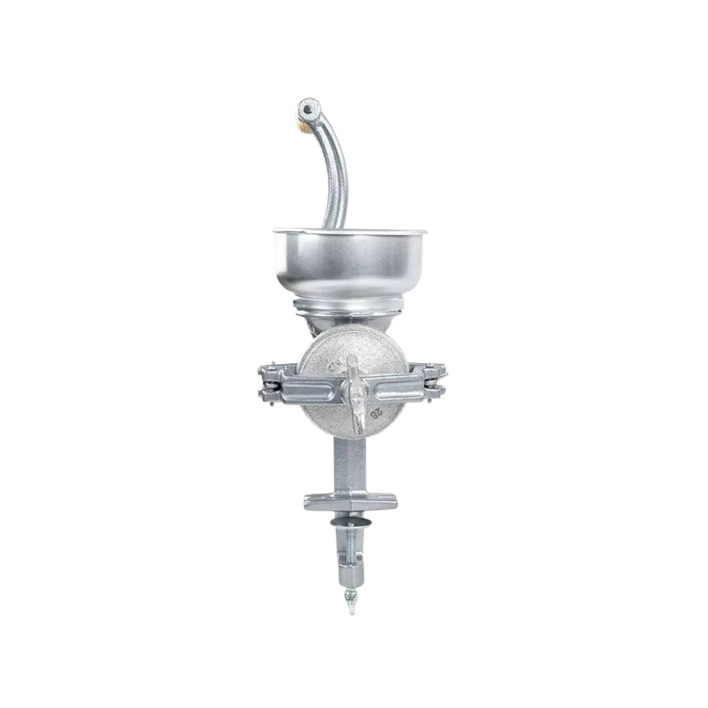 Molino manual de grano de mesa metálico gris, con tolva y prensa, para maíz, café y otros cereales.