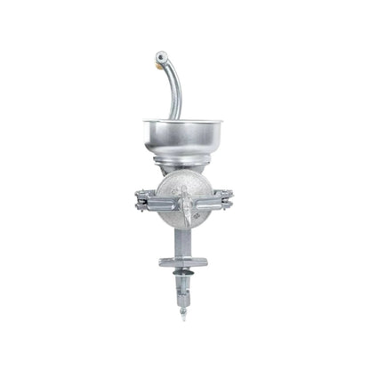 Molino manual de grano de mesa metálico gris, con tolva y prensa, para maíz, café y otros cereales.