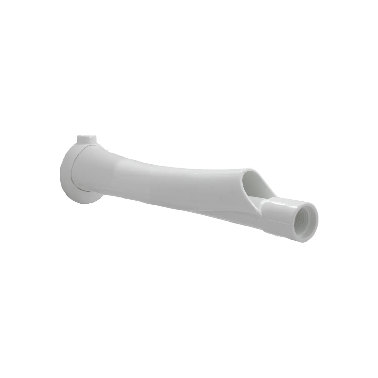 Caño para bañera de plástico blanco con rosca interna para instalación de fontanería y grifería de baño.