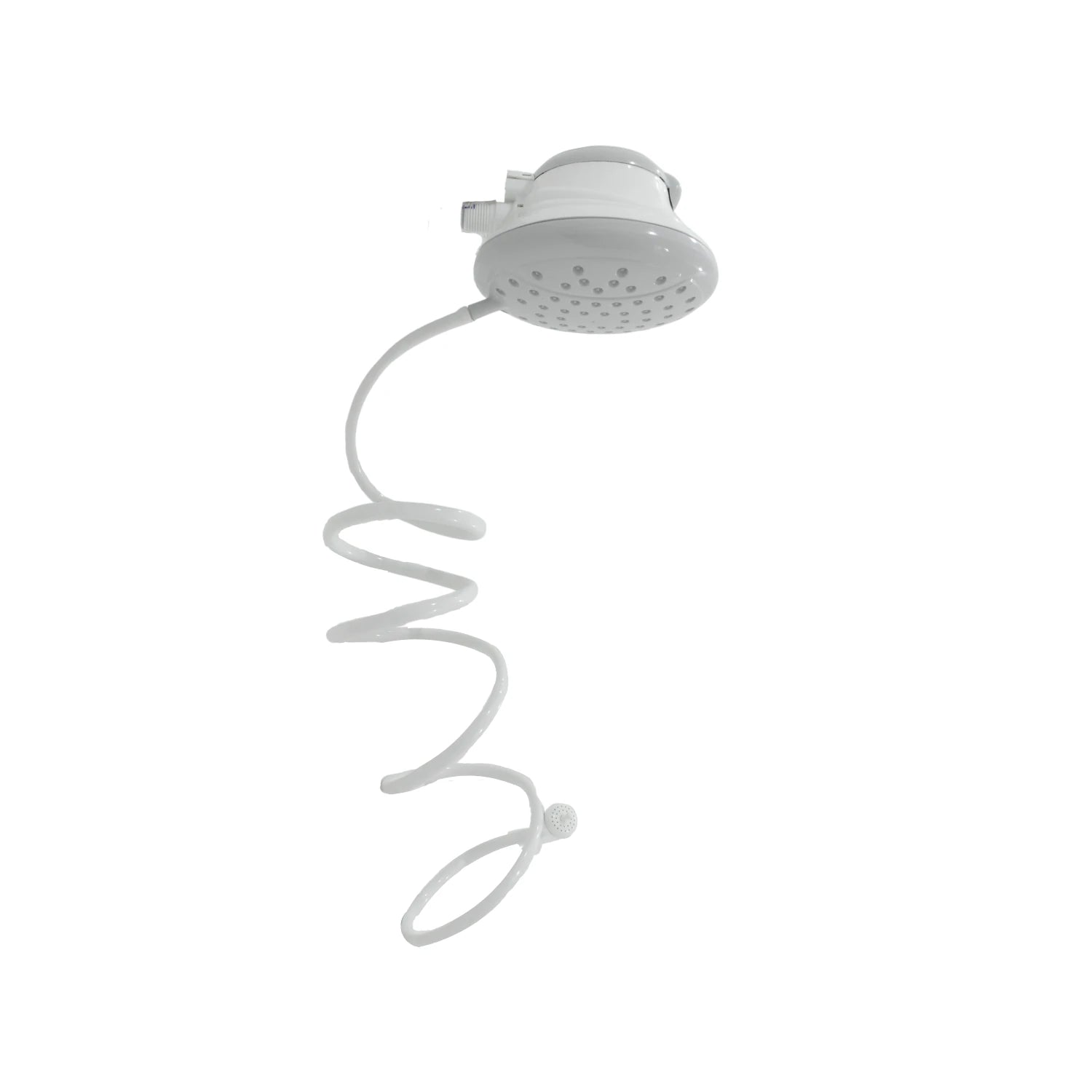 Regadera eléctrica blanca y gris con manguera espiral y ducha de mano.