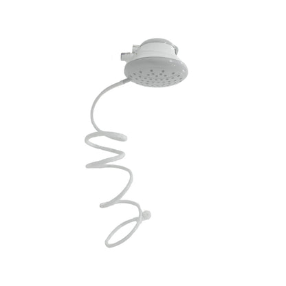 Regadera eléctrica blanca y gris con manguera espiral y ducha de mano.