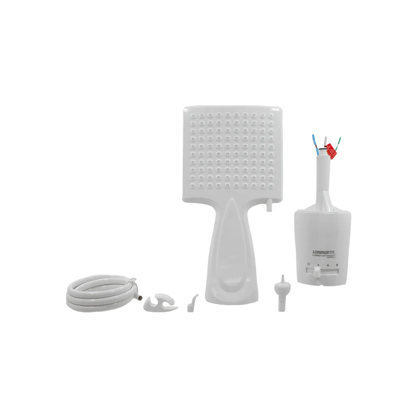 Ducha eléctrica Lorenzetti Loren Shower Ultra blanca con manguera y accesorios de instalación.