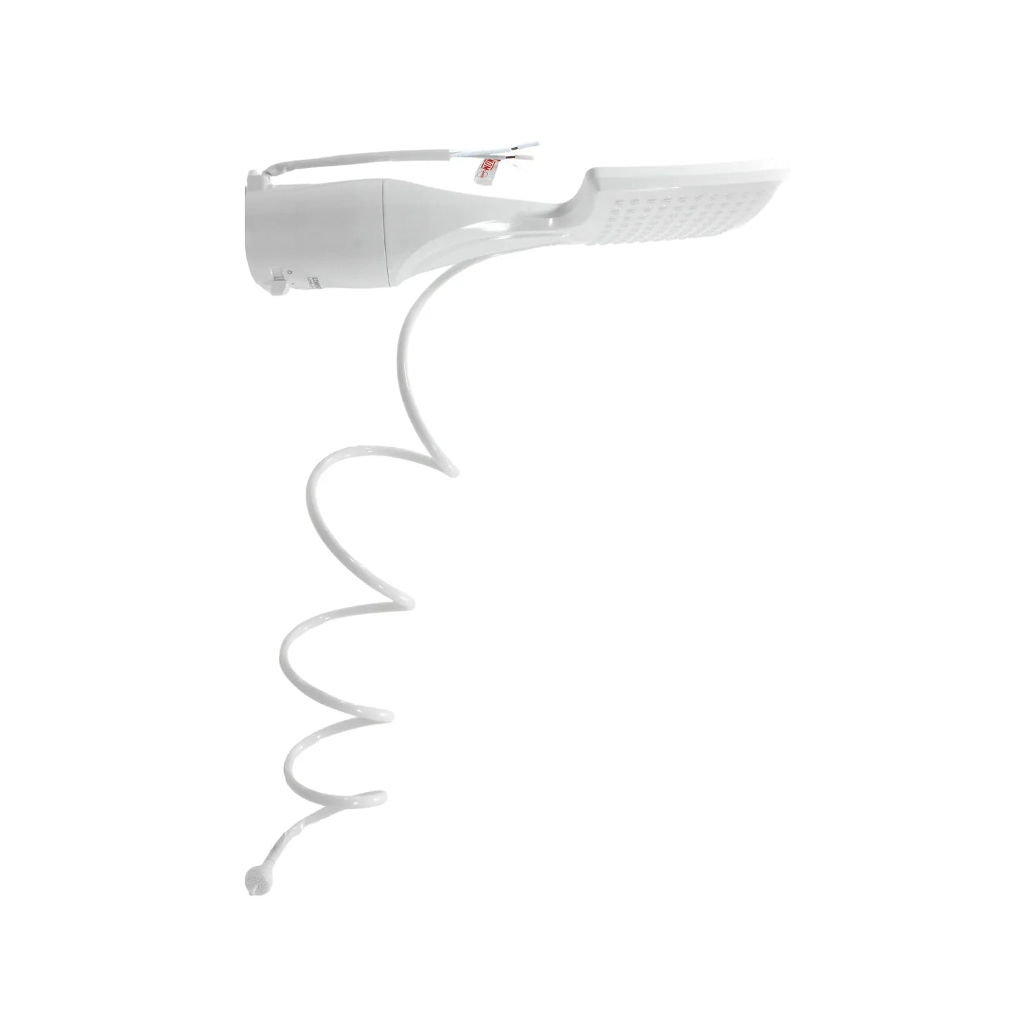 Ducha eléctrica blanca con manguera espiral y regadera de mano para baño diseño moderno y funcional.