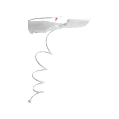 Ducha eléctrica blanca con manguera espiral y regadera de mano para baño diseño moderno y funcional.