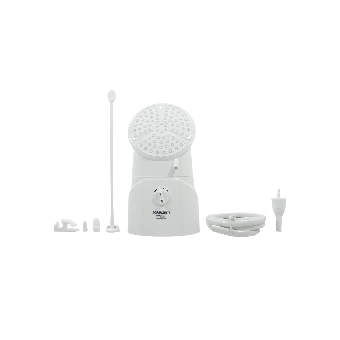 Regadera eléctrica Lorenzetti TOP JET 4400W blanca multitemperatura con manguera, accesorios y perilla de control.