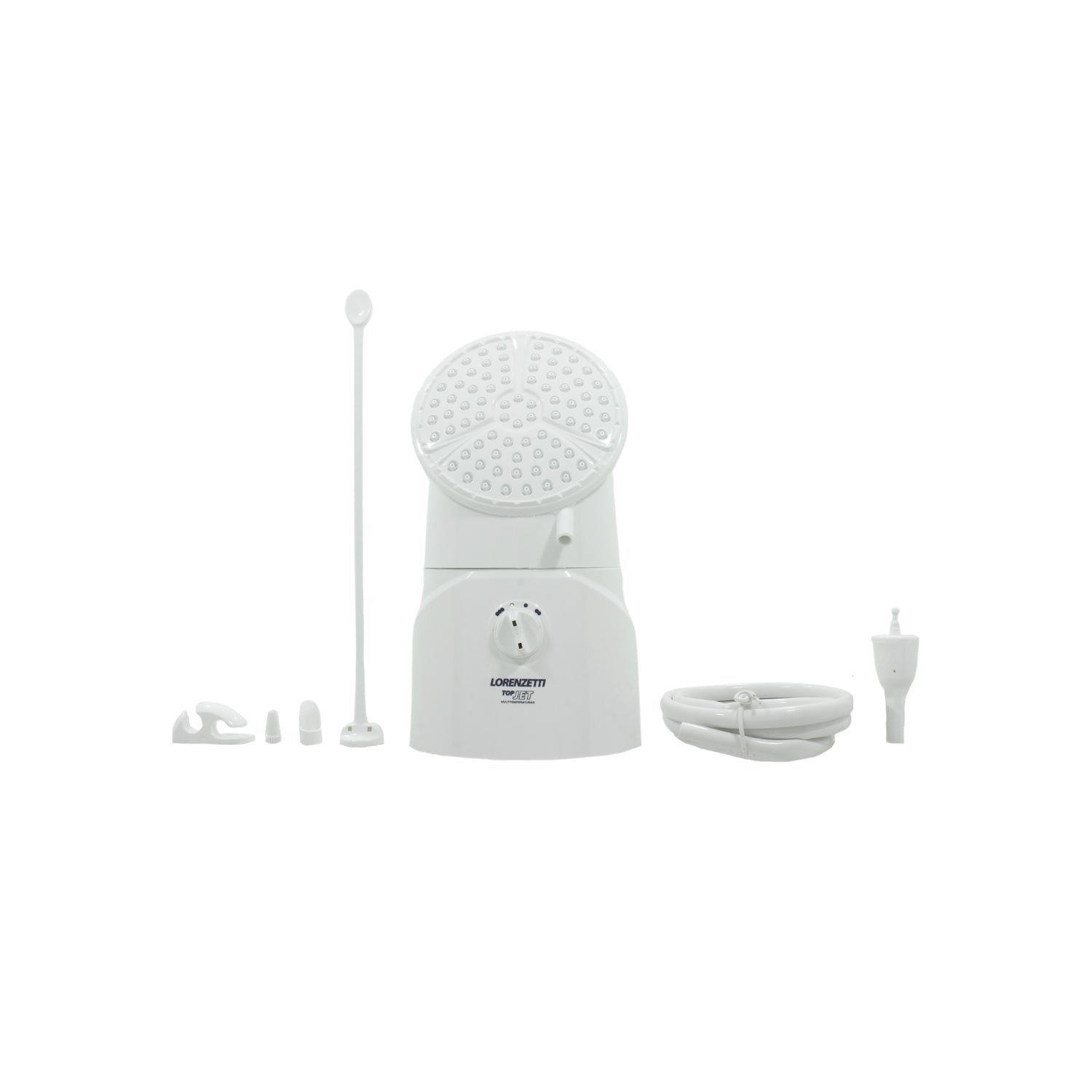 Regadera eléctrica Lorenzetti TOP JET 4400W blanca multitemperatura con manguera, accesorios y perilla de control.