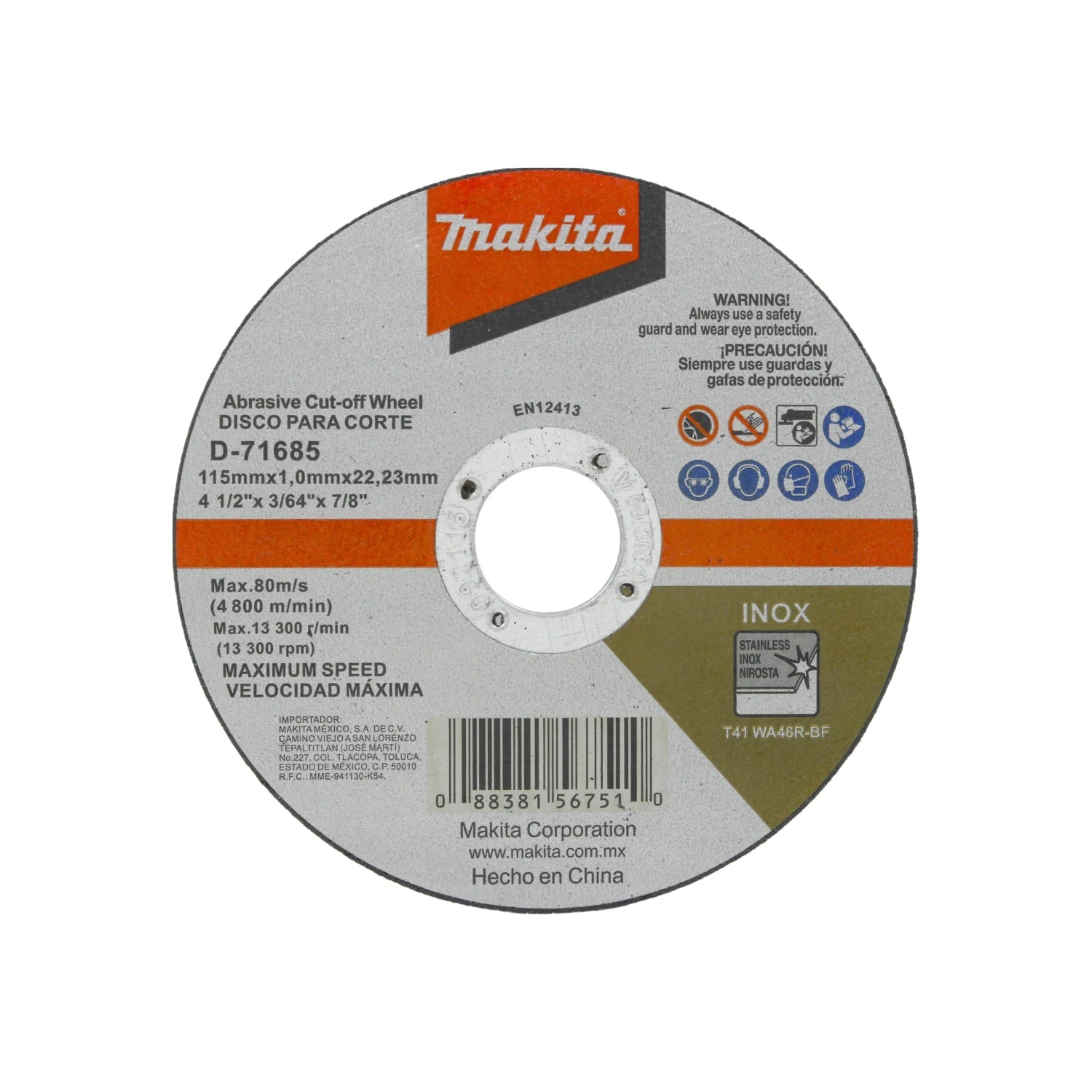 Disco de corte Makita 4 1/2" D-71685 para acero inoxidable, 1.0mm, 13300 rpm