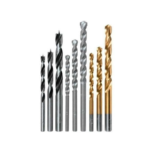 Set de brocas variadas para madera, metal y concreto con acabado en negro, plata y titanio dorado para taladro eléctrico
