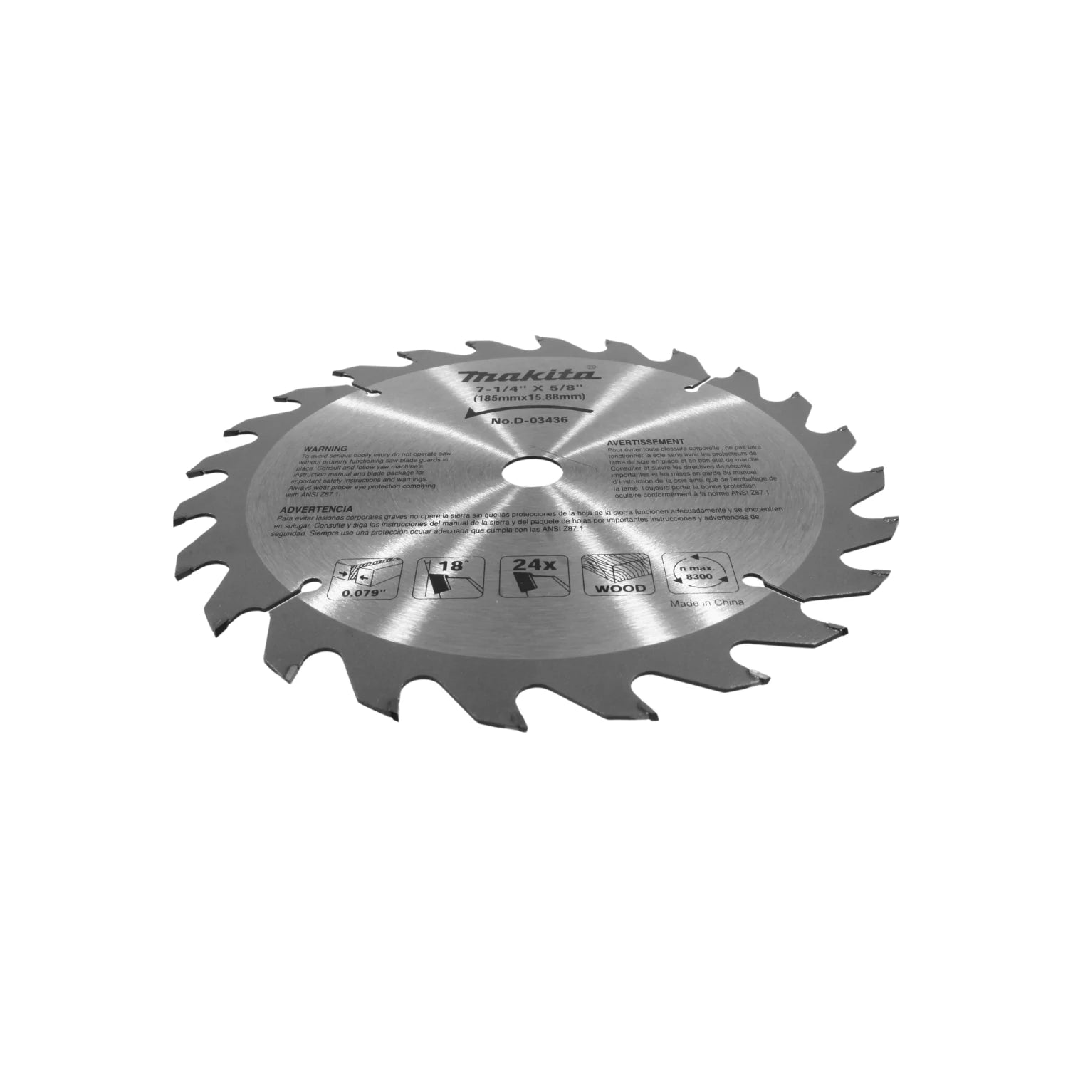 Disco sierra circular Makita 7 1/4" (185mm) 24 dientes para corte de madera, modelo D-03436, metálico