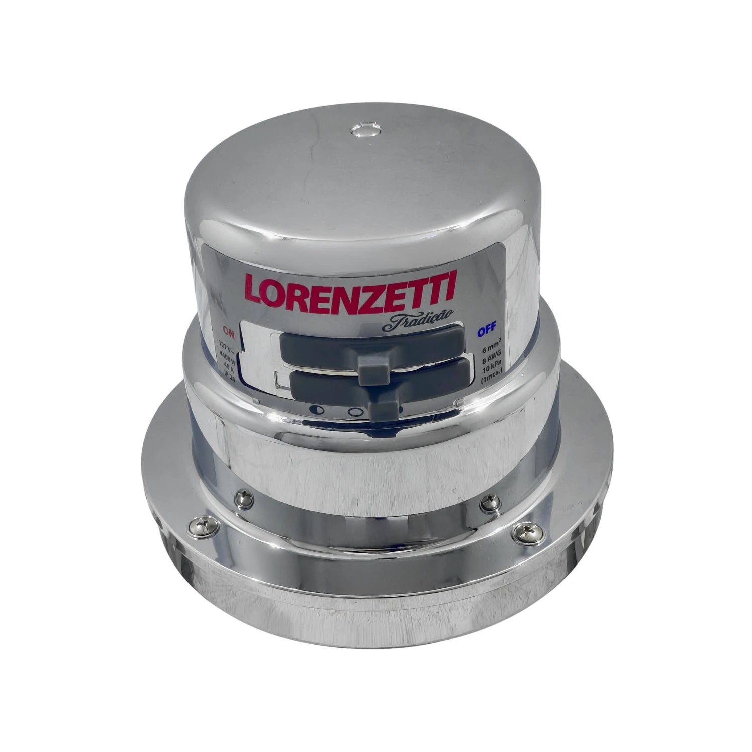 Regadera eléctrica Lorenzetti Tradição cromada, con selector de 4 temperaturas para ducha.