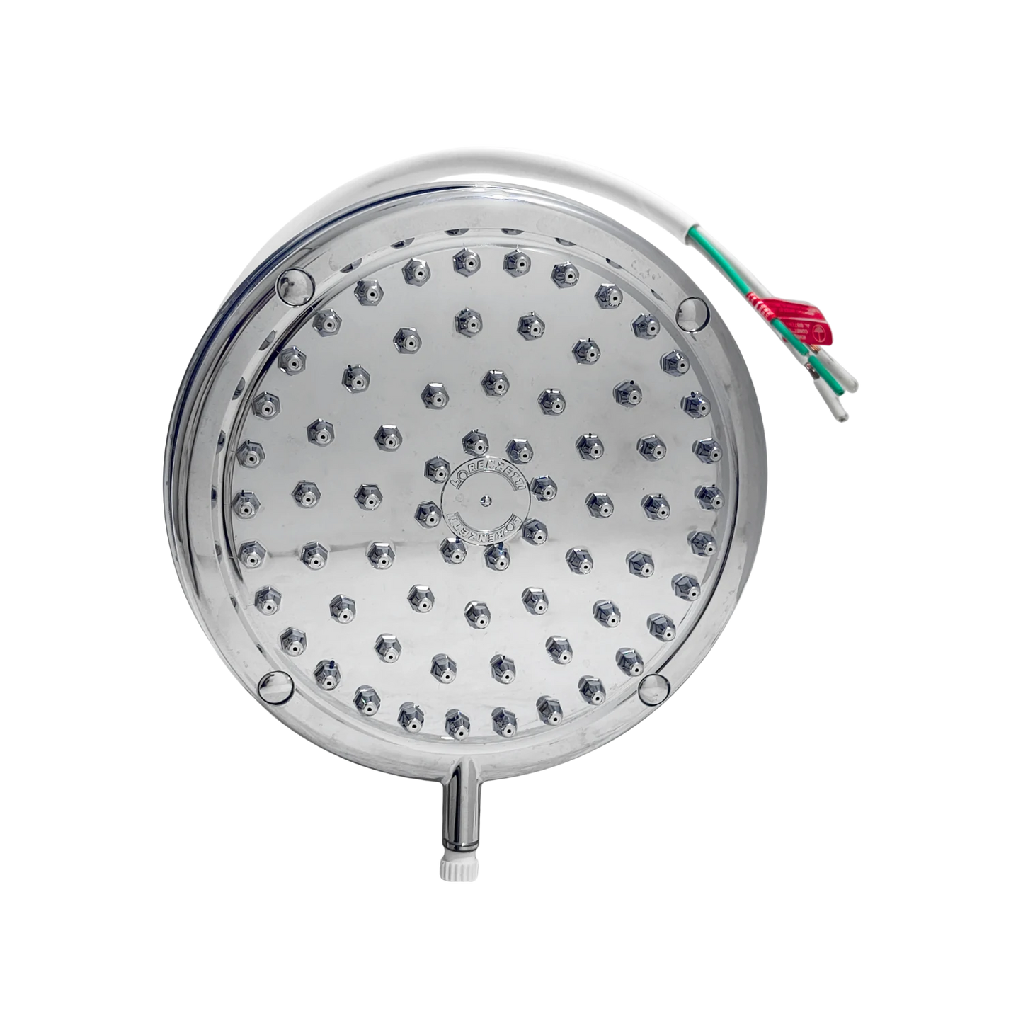 Regadera eléctrica Lorenzetti cromada, con cableado expuesto, para 4 temperaturas de agua.