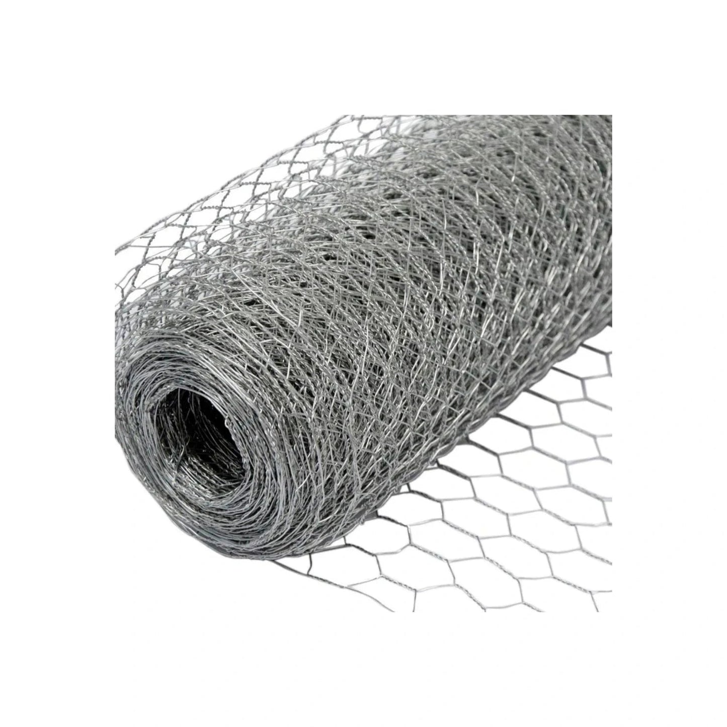 Rollo de malla hexagonal de alambre galvanizado plateado. Ideal para gallineros, cercas y protección en ferretería.