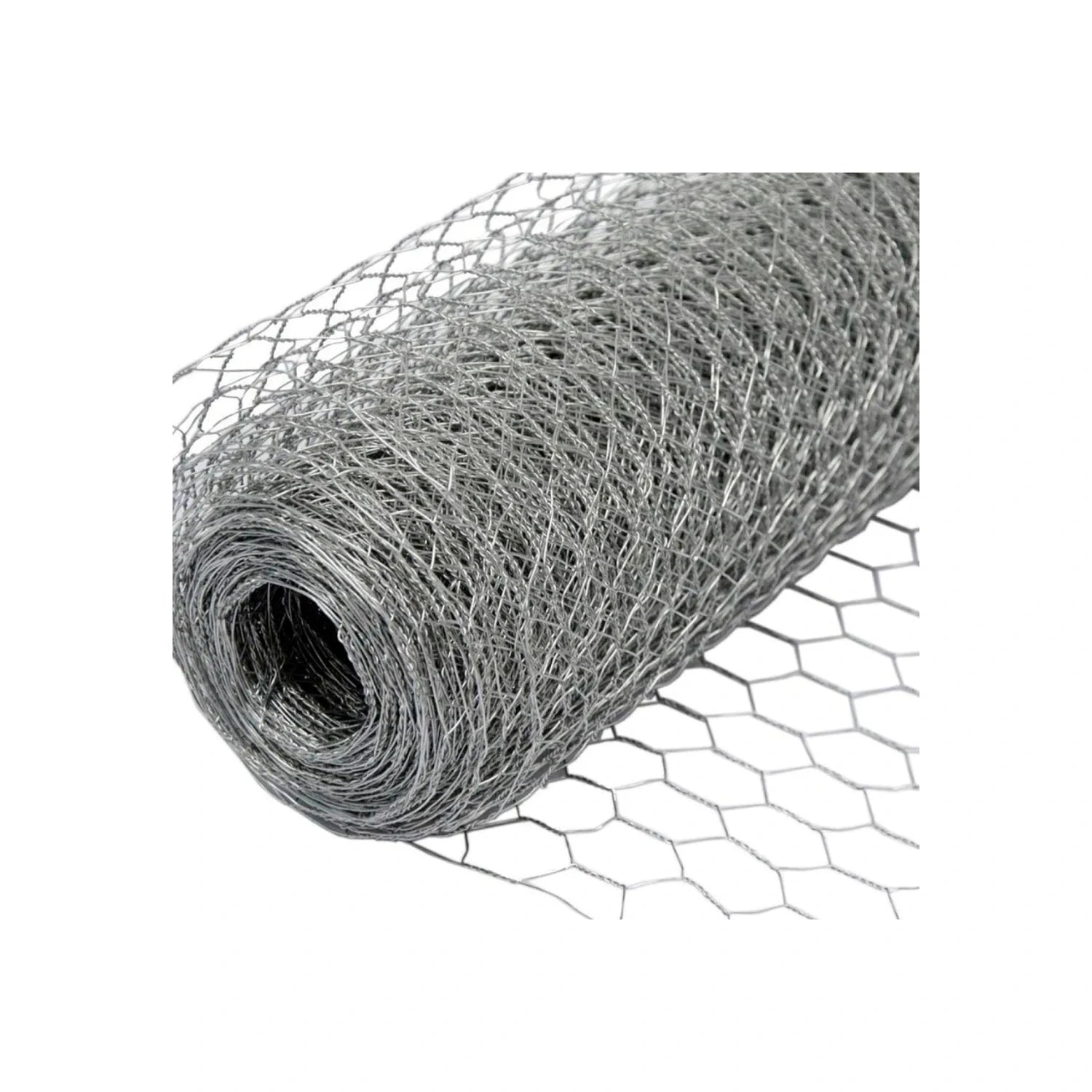 Rollo de malla hexagonal de alambre galvanizado plateado. Ideal para gallineros, cercas y protección en ferretería.
