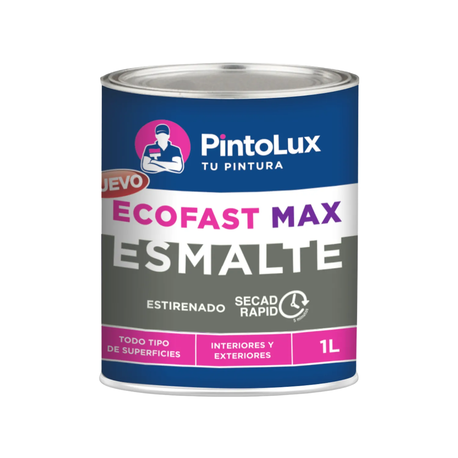 Pintura esmalte gris acero PintoLux EcoFast Max 1L, secado rápido en 5 min, para interior y exterior.