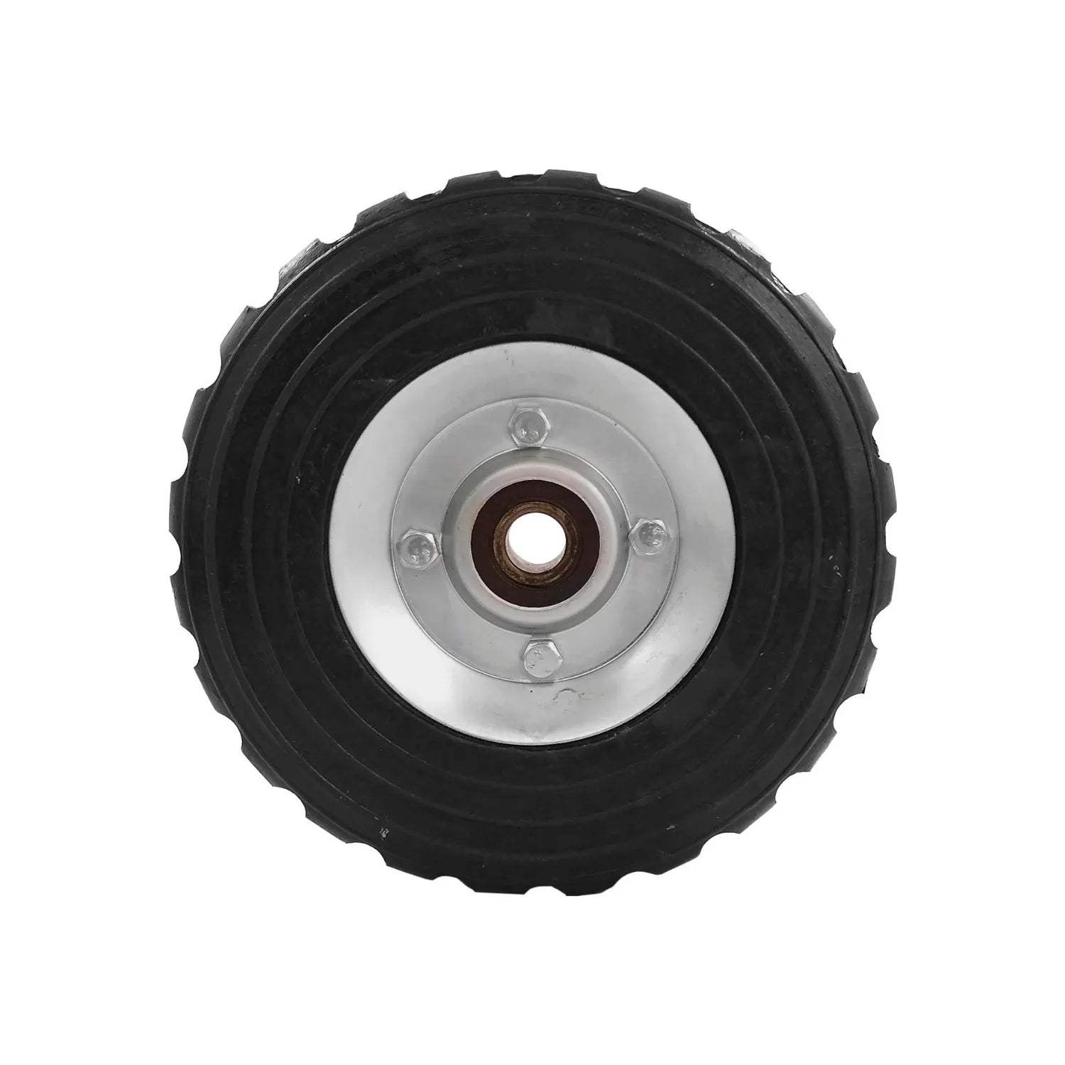 Rueda sólida negra de caucho 8" con rin metálico y baleros para diablo o carretilla de carga