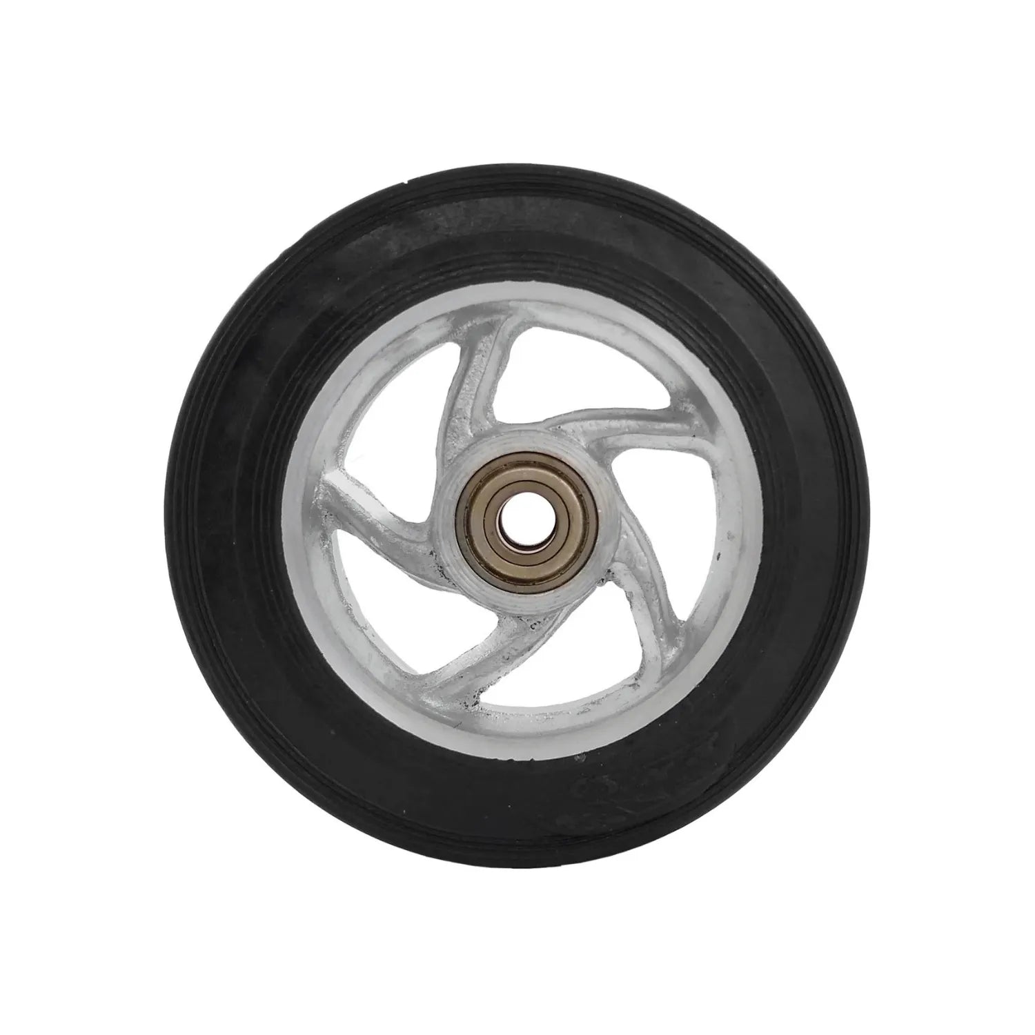 Rueda de goma negra con rin de metal plateado de 5 rayos y balero central para diablo o carrito de carga 8 pulgadas