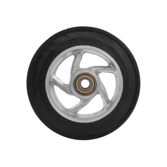 Rueda de goma negra con rin de metal plateado de 5 rayos y balero central para diablo o carrito de carga 8 pulgadas