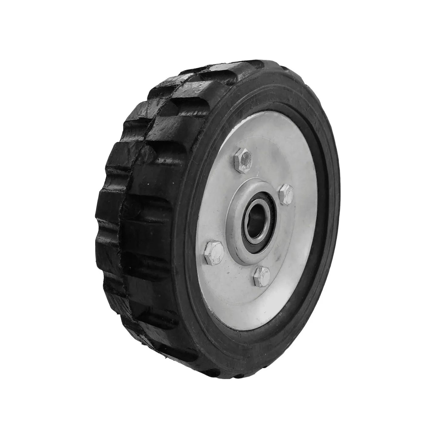 Rueda negra de caucho para diablo de 6 pulgadas con centro metálico y baleros, banda de rodadura robusta.