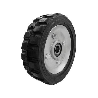 Rueda negra de caucho para diablo de 6 pulgadas con centro metálico y baleros, banda de rodadura robusta.