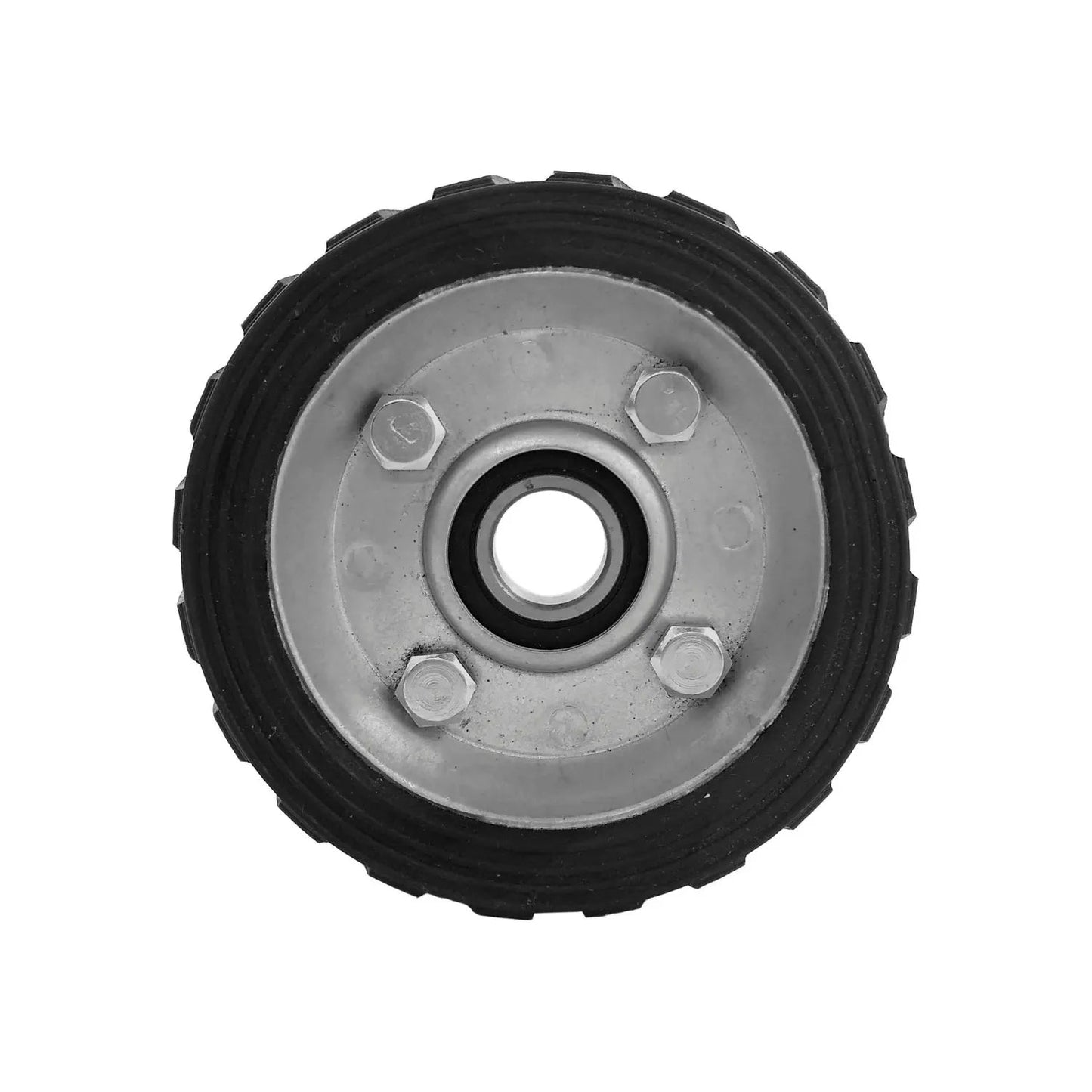 Rueda para diablo 4 pulgadas de PVC negro con 1 balero, centro metálico y banda de rodamiento estriada.