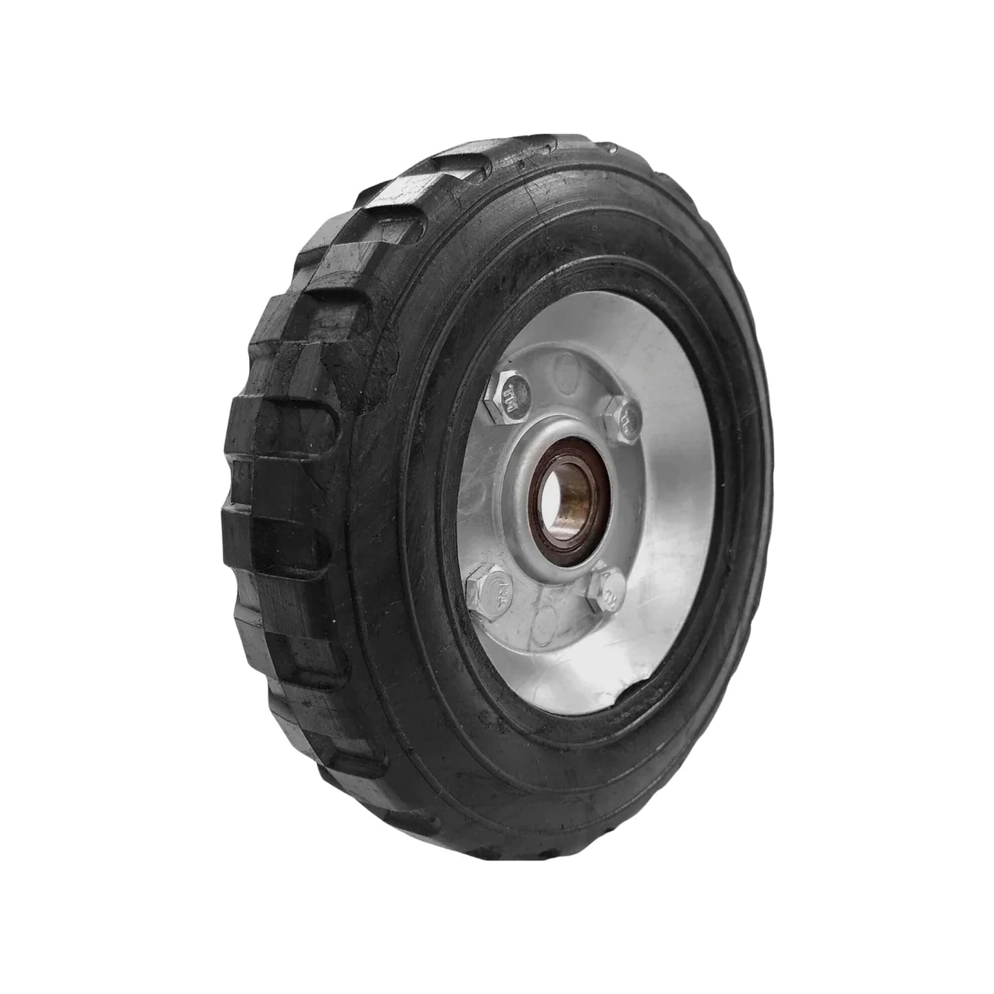 Rueda negra 6" para diablo con llanta de PVC y rin metálico plateado, incluye 1 balero de alta resistencia.