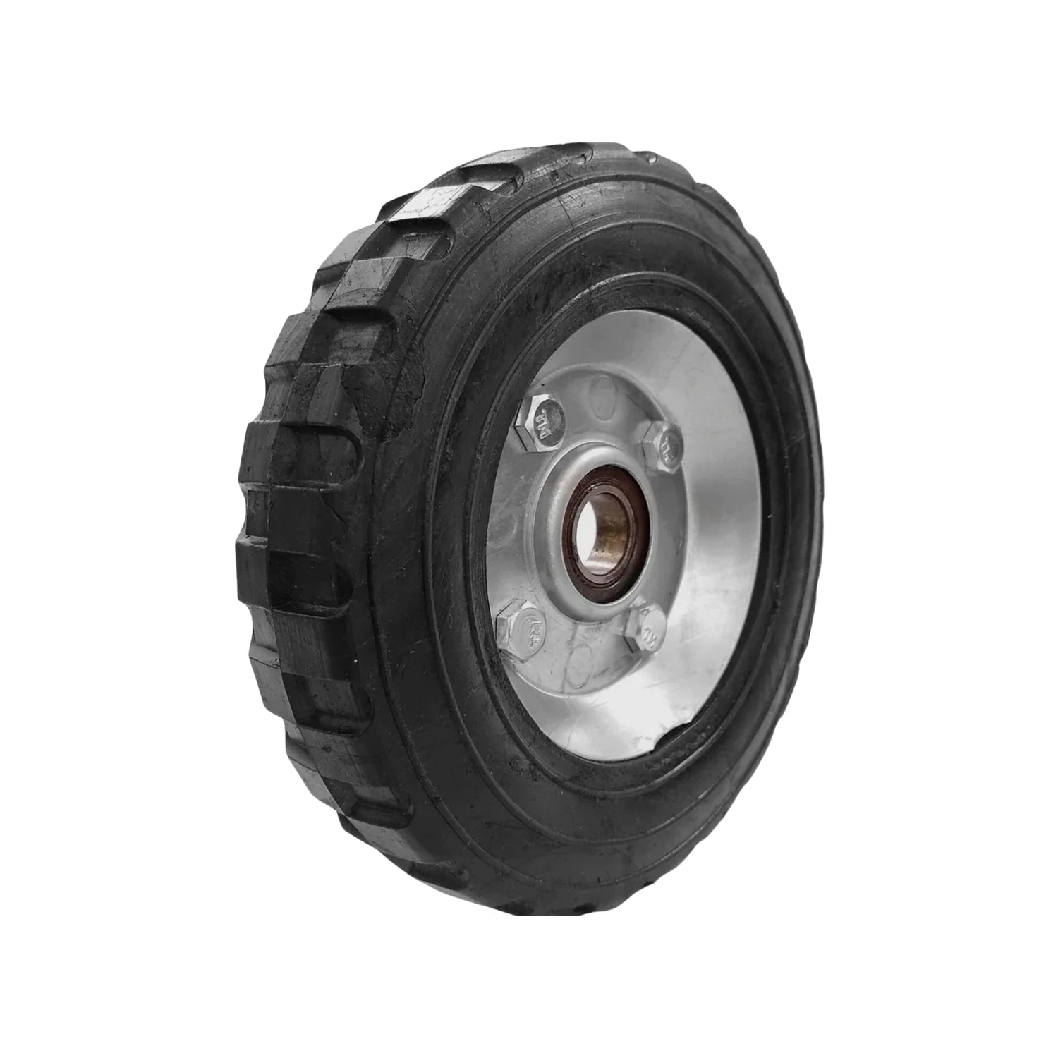 Rueda negra 6" para diablo con llanta de PVC y rin metálico plateado, incluye 1 balero de alta resistencia.