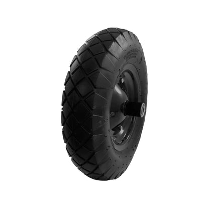 Llanta completa negra reforzada para carretilla con neumático de uso rudo y eje de metal.