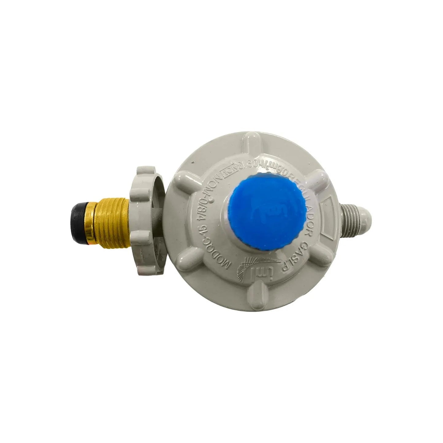Regulador de gas IML QC15 de baja presión, gris con perilla azul, conexión roscada y maneral de ajuste