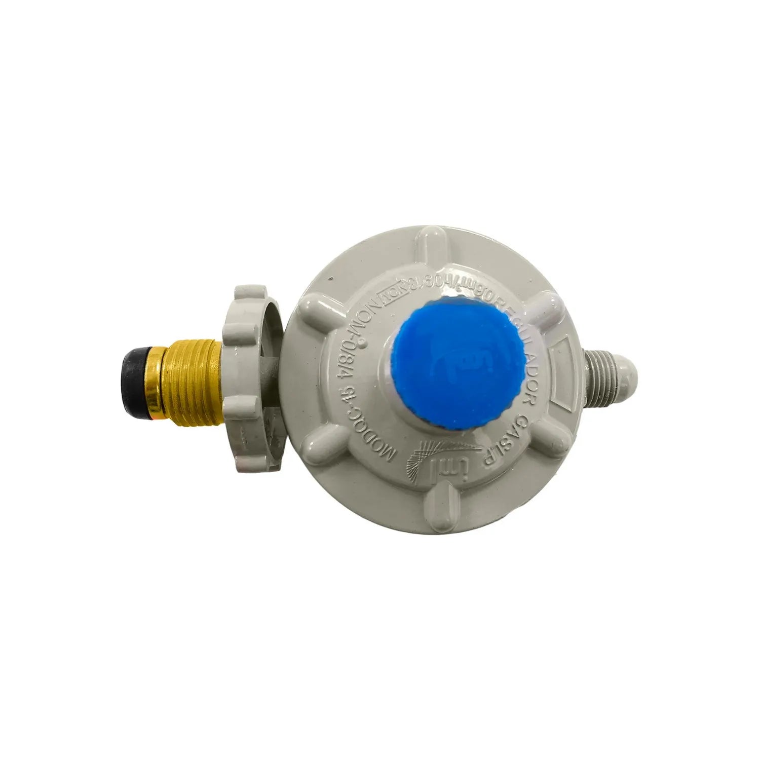 Regulador de gas IML QC15 de baja presión, gris con perilla azul, conexión roscada y maneral de ajuste