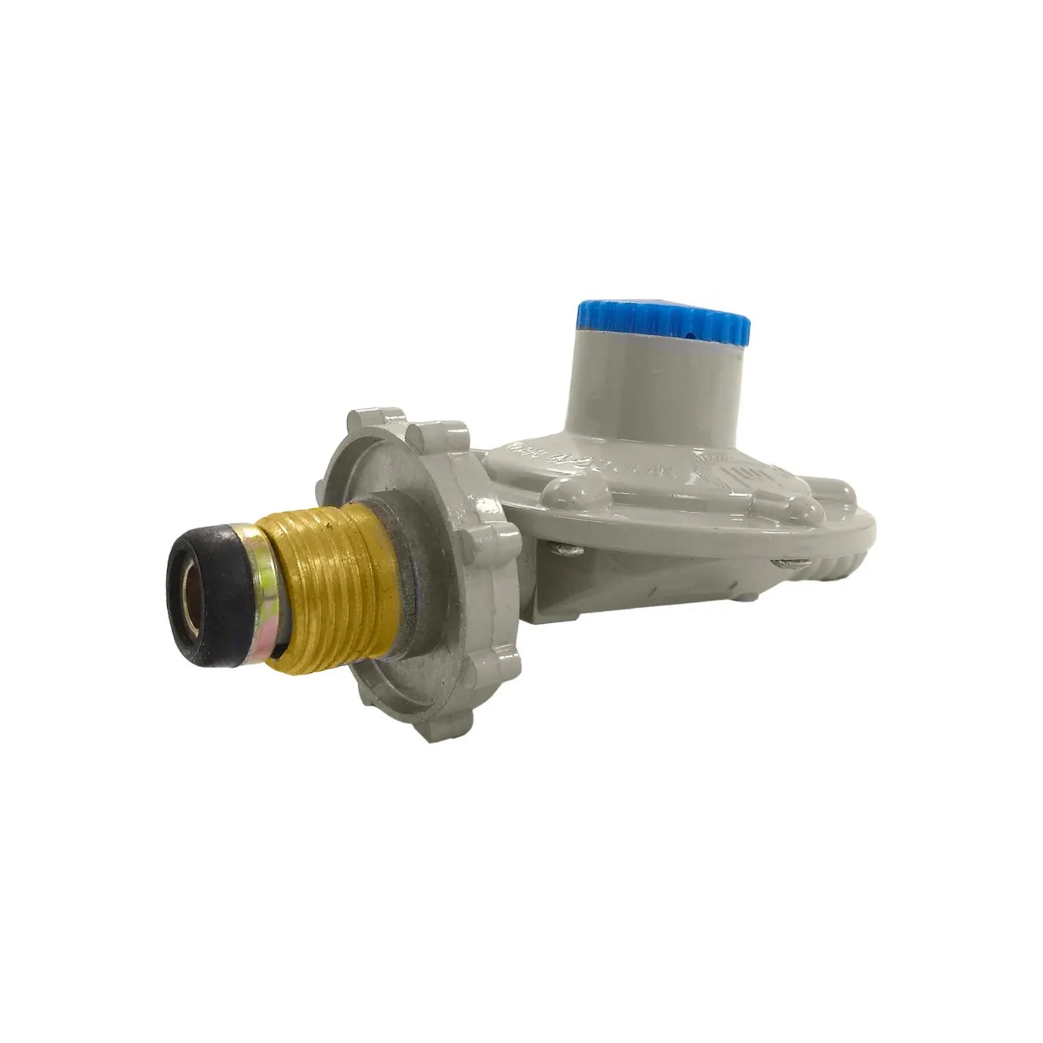 Regulador de gas baja presión para tanques, con maneral y espiga, gris, ideal para estufas y parrillas.