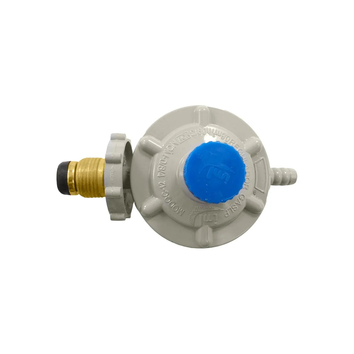 Regulador de gas LP IML QC12 gris con maneral de latón para conexión y espiga baja presión.