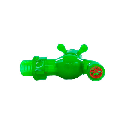 Llave de nariz plástica verde 1/2", grifo de jardín con rosca para manguera, salida con rejilla roja.