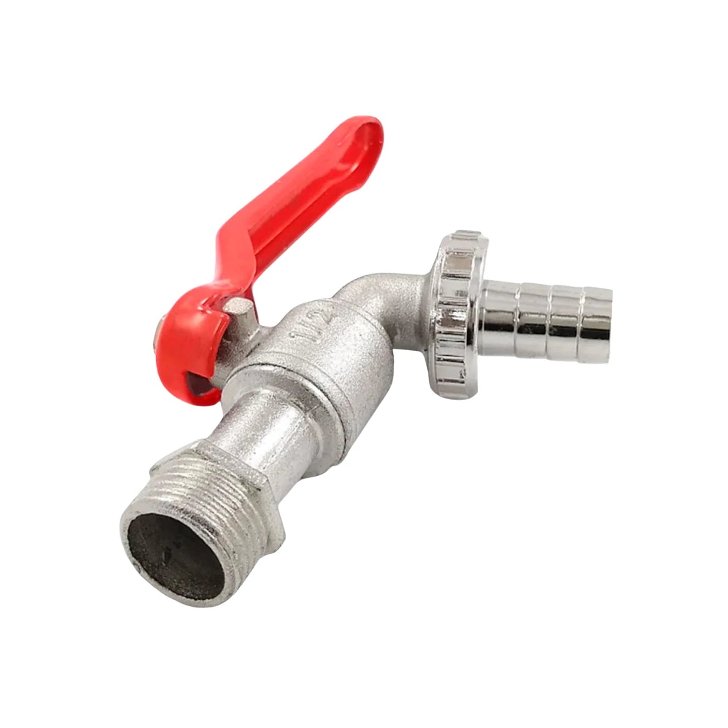 Llave de jardín 1/2 pulgada niquelada con maneta roja y conexión para manguera