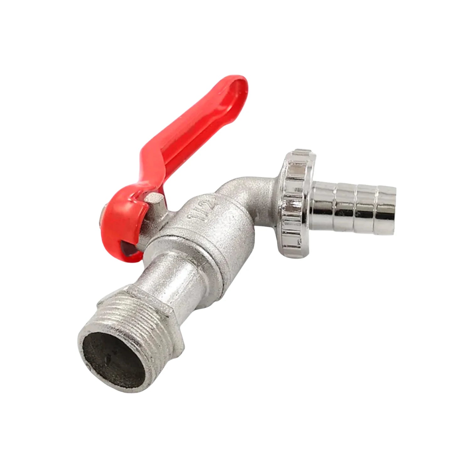 Llave de jardín 1/2 pulgada niquelada con maneta roja y conexión para manguera