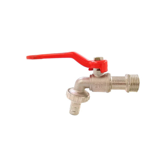 Llave de jardín niquelada 1/2 pulgada con maneta roja de cuarto de vuelta para manguera