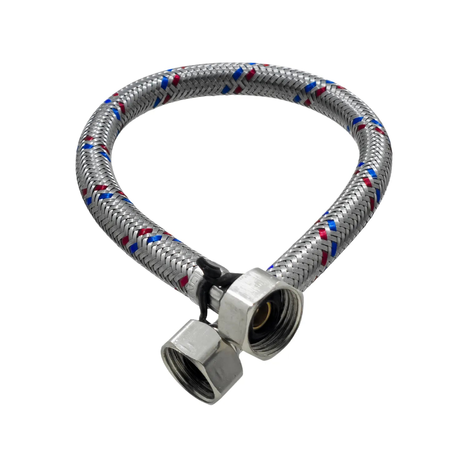 Flexible de agua trenzado en acero inoxidable con hilos rojo y azul y terminales hembra para grifería y sanitarios