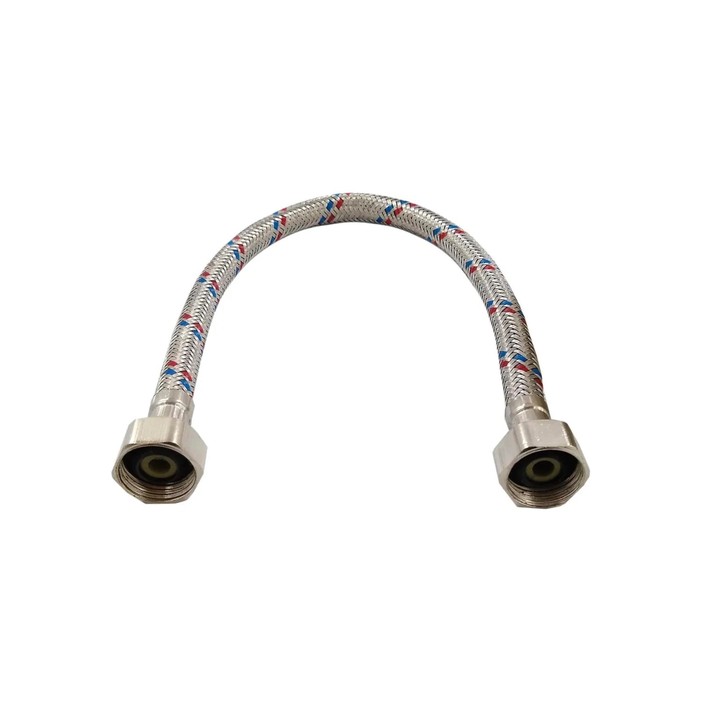 Manguera metálica trenzada de 40 cm para lavabo, con hilos rojo y azul para conexiones de agua fría y caliente.