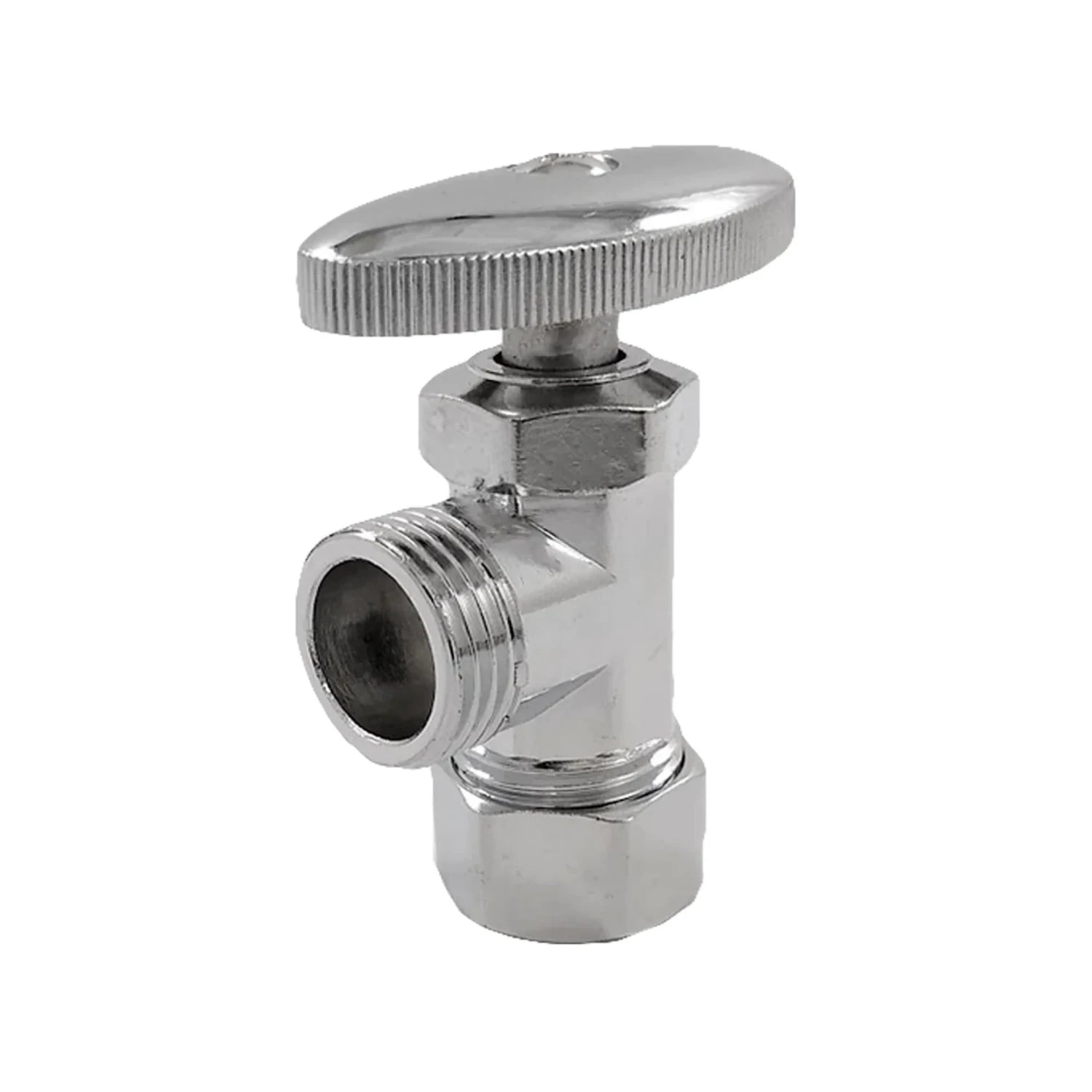 Llave angular de paso cromada 1/2 pulgada, con barril roscado y manija estriada para agua