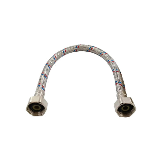 Manguera flexible para WC metálica trenzada azul y rojo, con terminales roscados para conexión de agua.