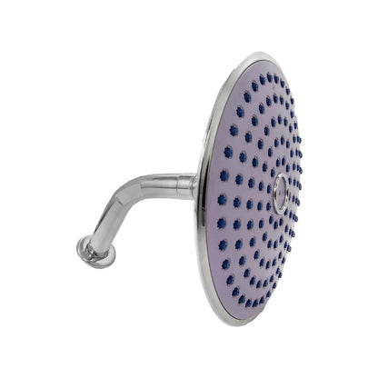 Regadera de ducha redonda 8" morada de ABS con boquillas azules y brazo cromado